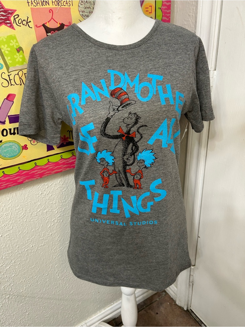 Universal Heather Gray Graphic Tee with Bright Blue Print